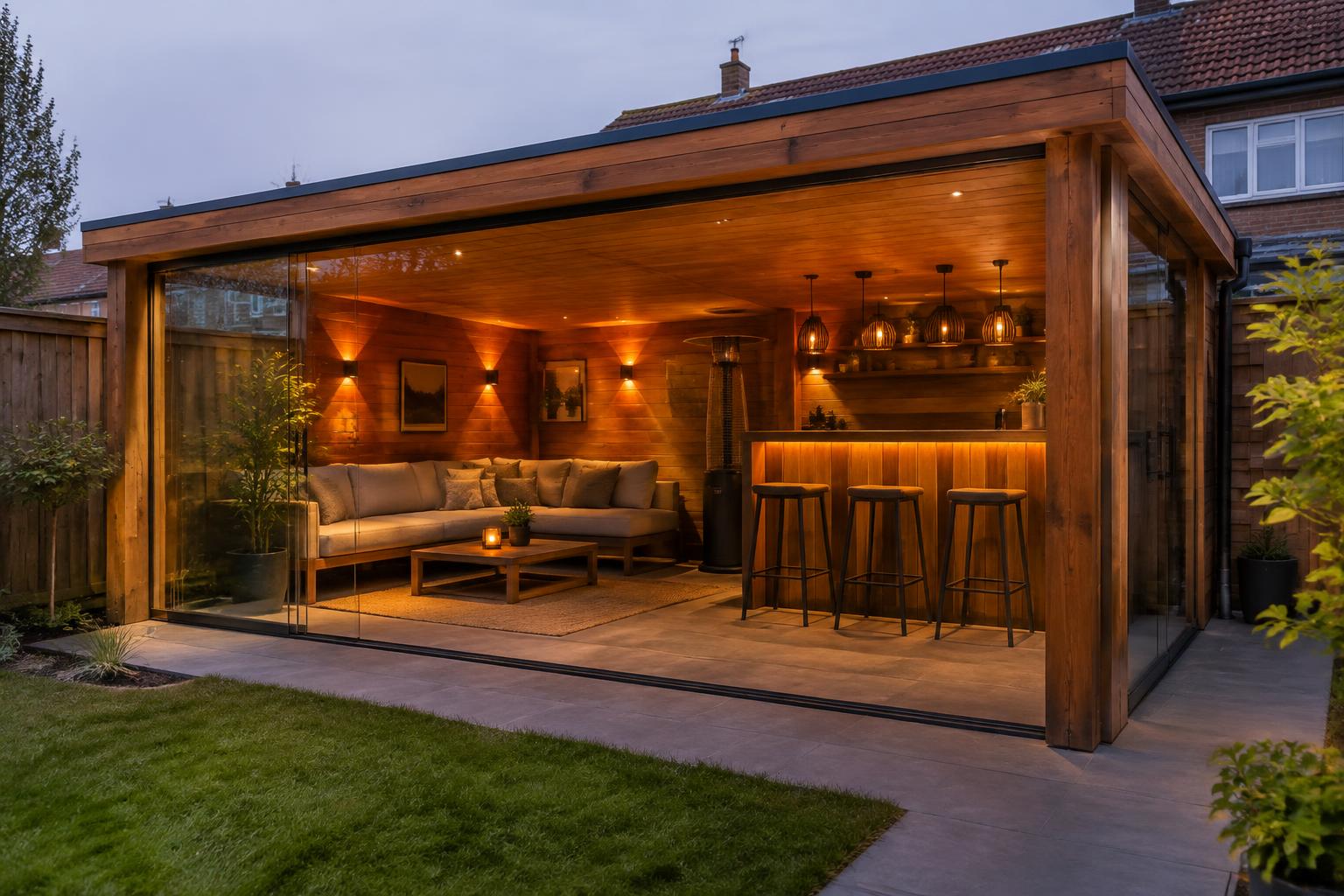 Houten overkapping met glas, bar & lounge