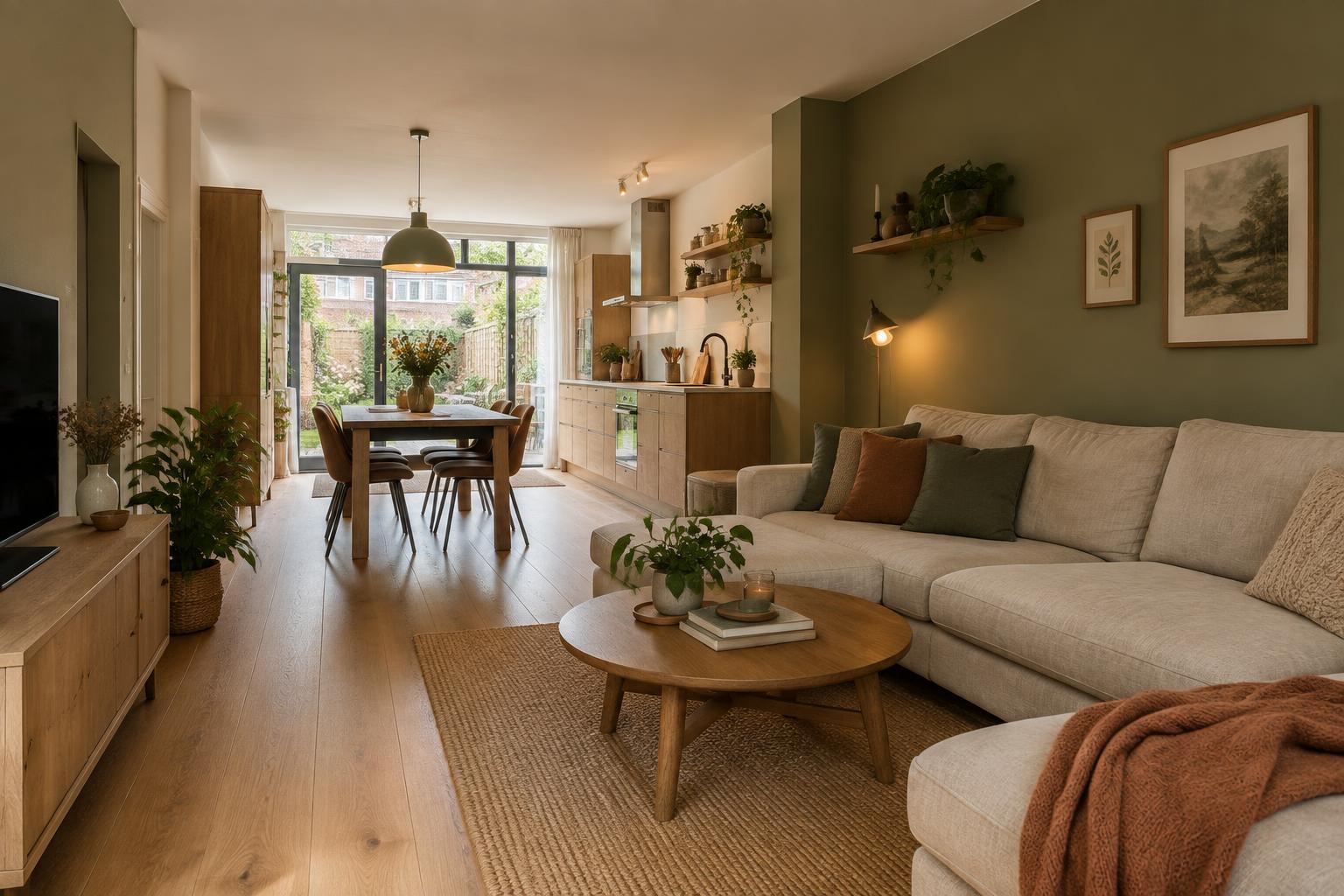 Woonkamer & keuken in natuurlijke tinten